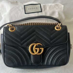 Authentic Gucci Black Calfskin Matelasse Small GG Marmont Shoulder Bag